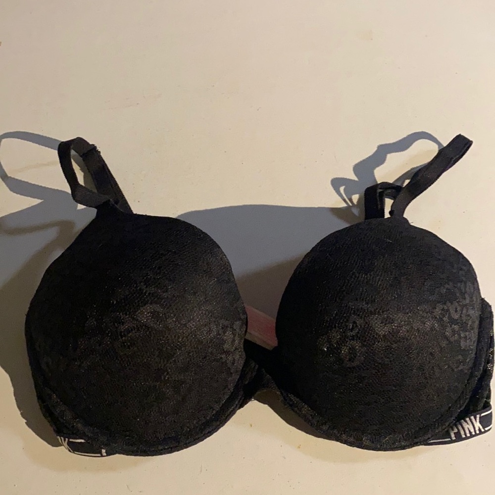 32D PINK Black Push Up Bra With Logo Band